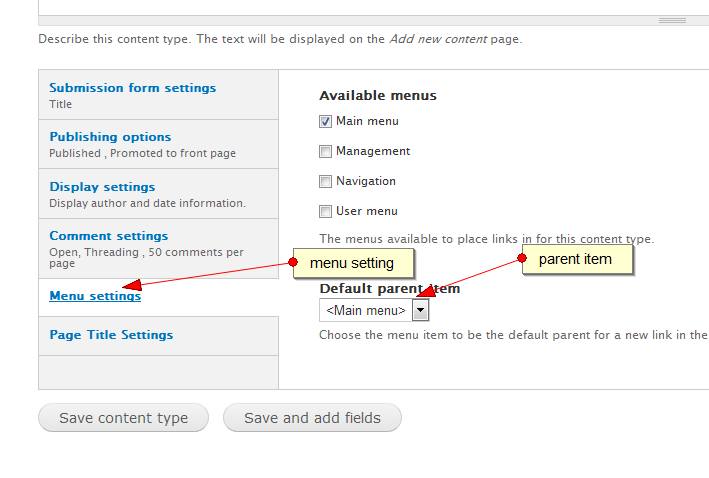 Content type menu